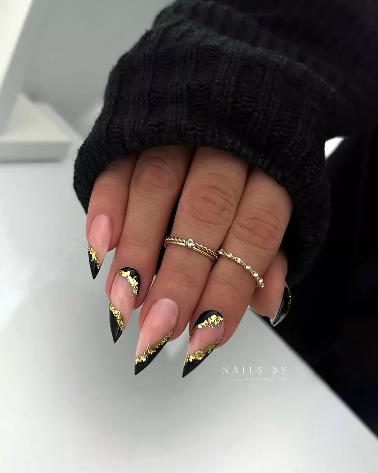 Black And Gold Short Stiletto Nails
