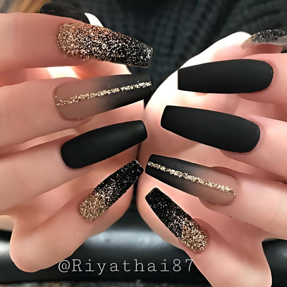 Black And Gold Sparkling Nails
