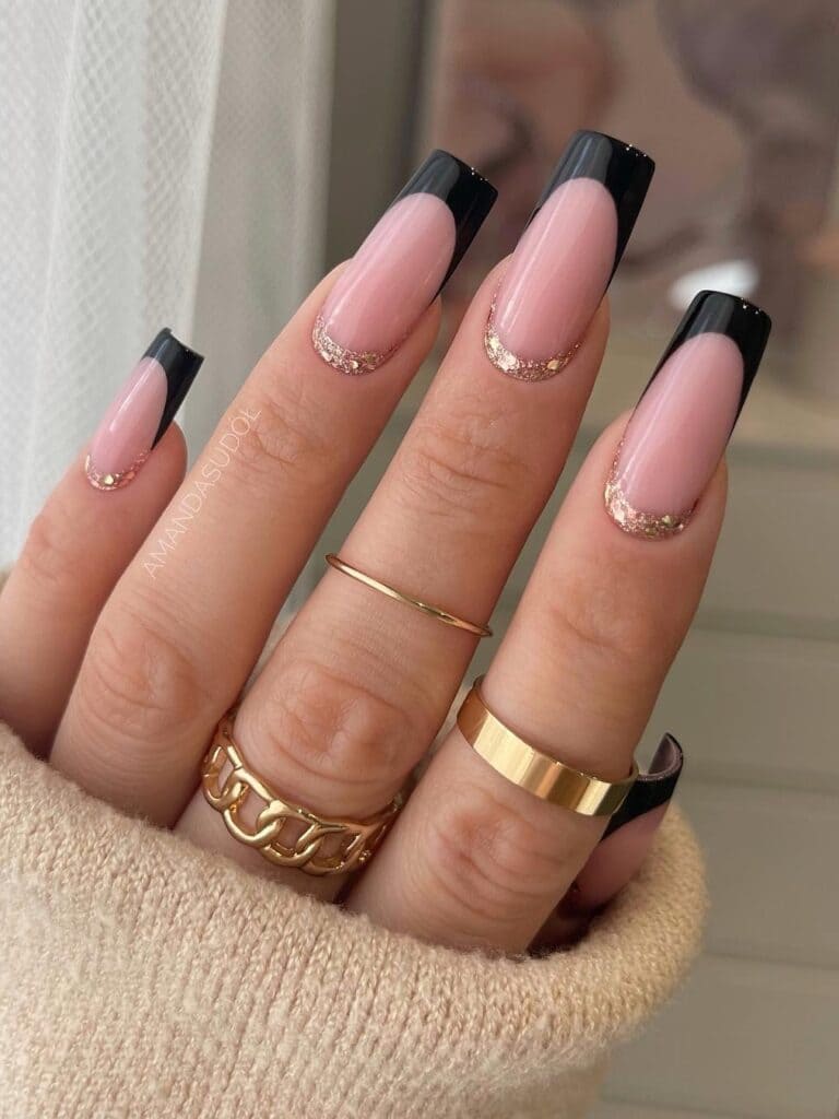 Black And Nude Square French Tip Nails