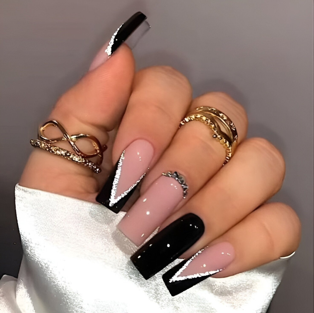 Black And Pink Glittered French Tips