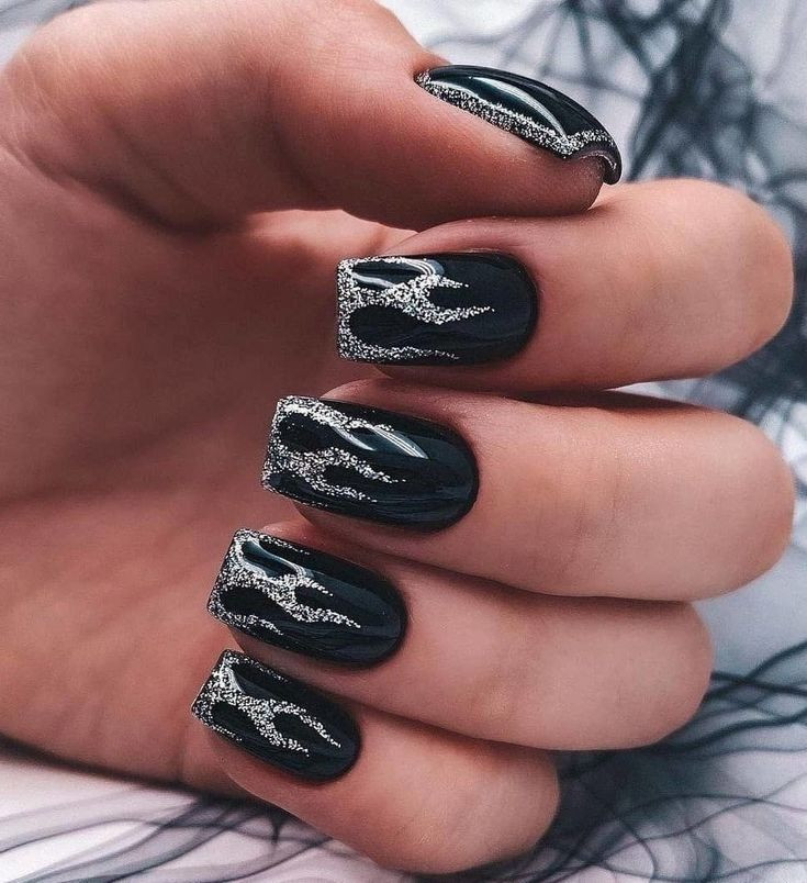 Black And Silver Flame Nails