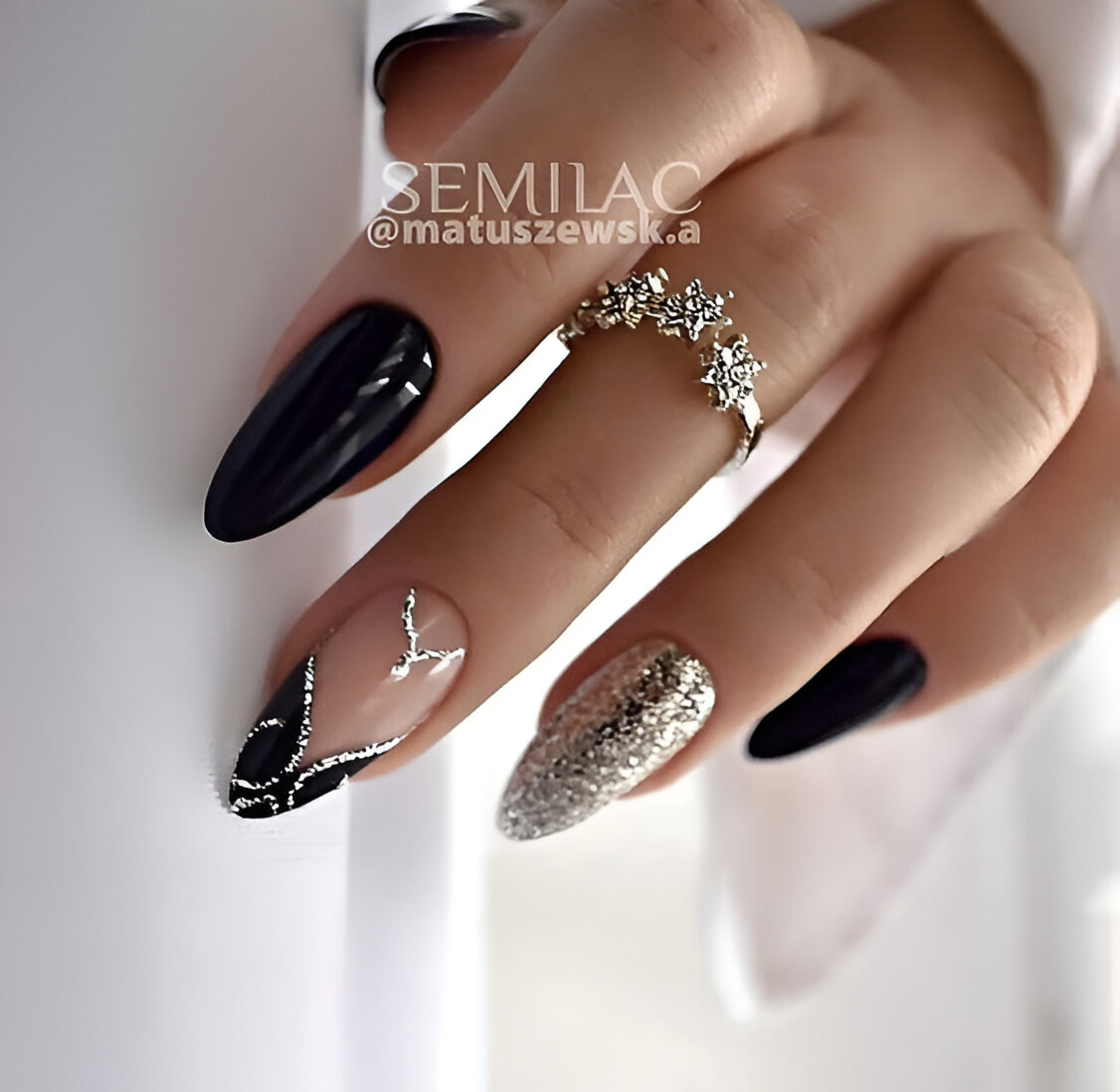 Black And Silver Glitter Nails