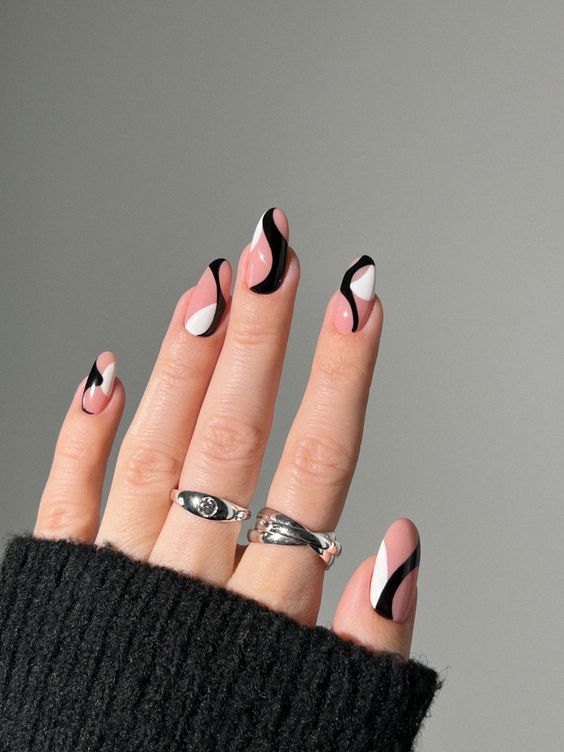 Black And White Nail Designs With Abstract Swirls
