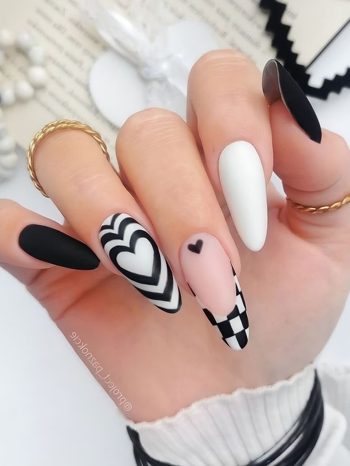 Black And White Nails With Hearts