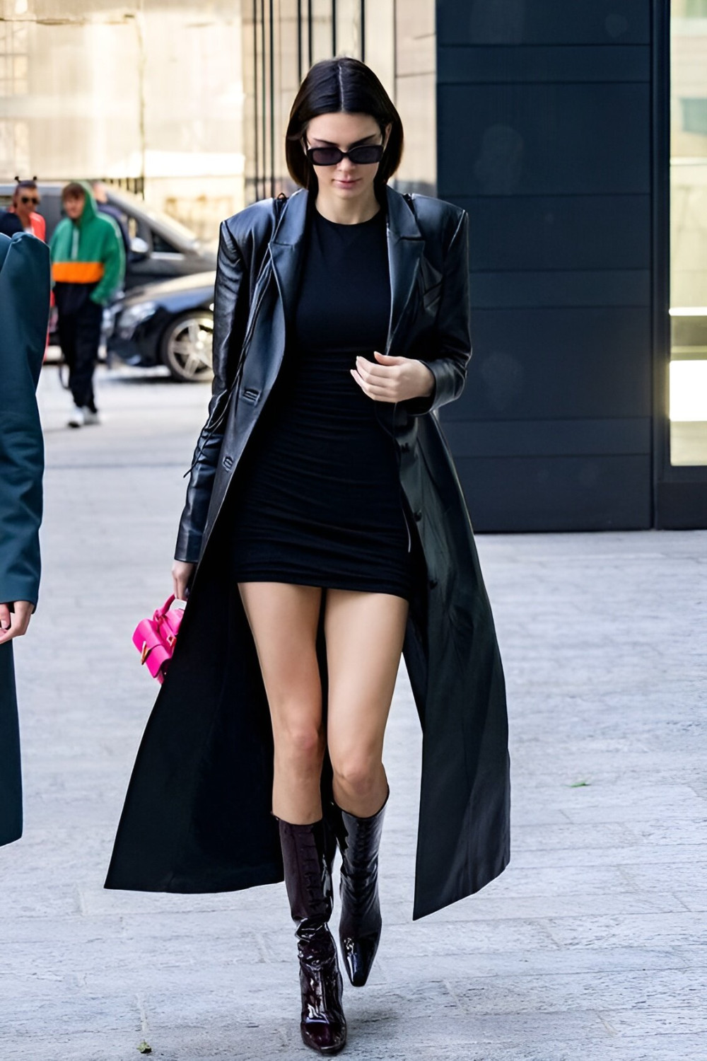Black Dress And Long Leather Coat