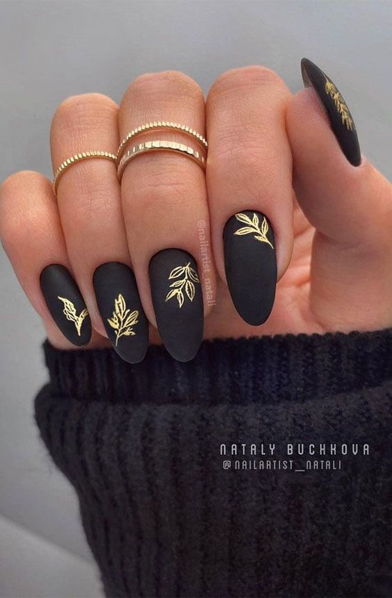 Black Nail Art With Golden Leaves