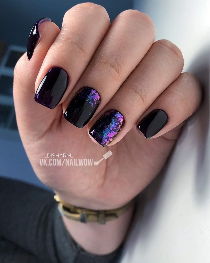 Black Nail Design With Holographic Effect
