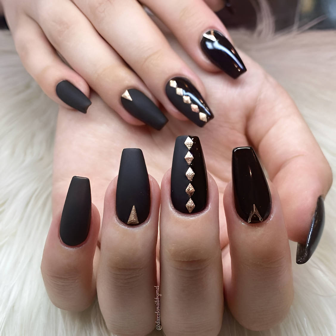 Black Nail Designs With Gold Gemstones