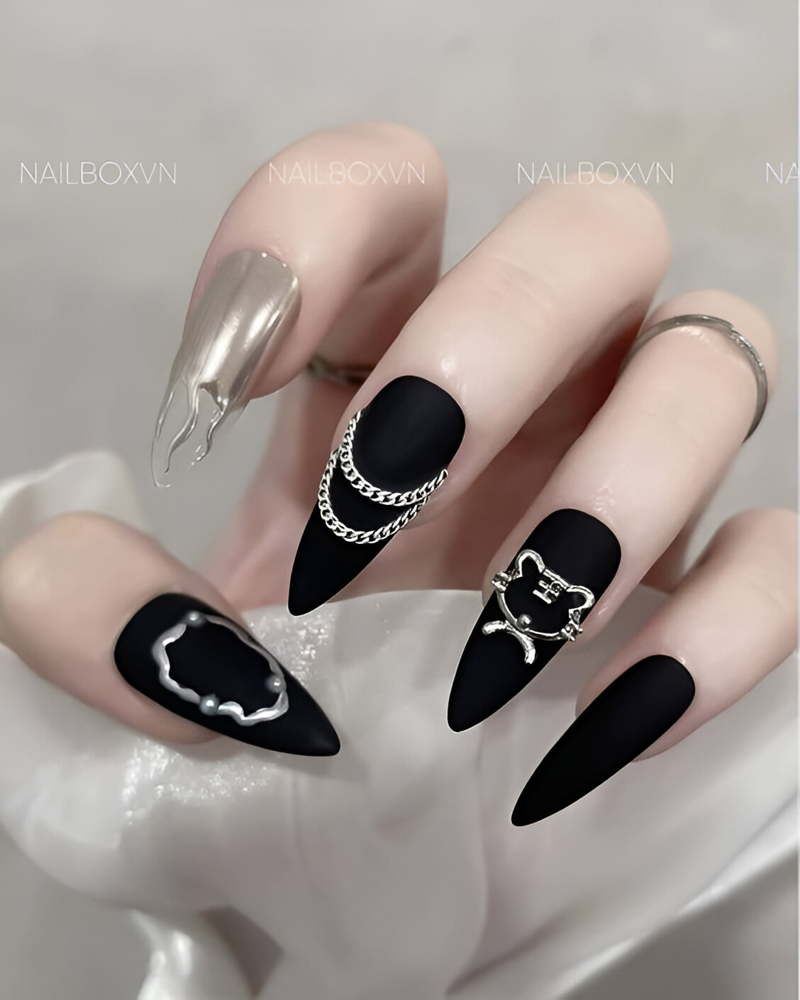 Black Nails With Silver Charms