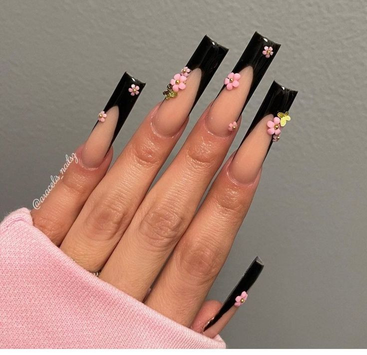Black Square French Tip Nails With 3D Flowers