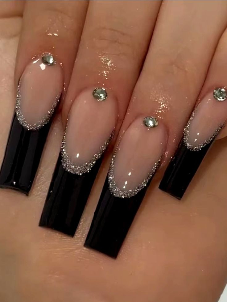 Black Square French Tip Nails With Glitter