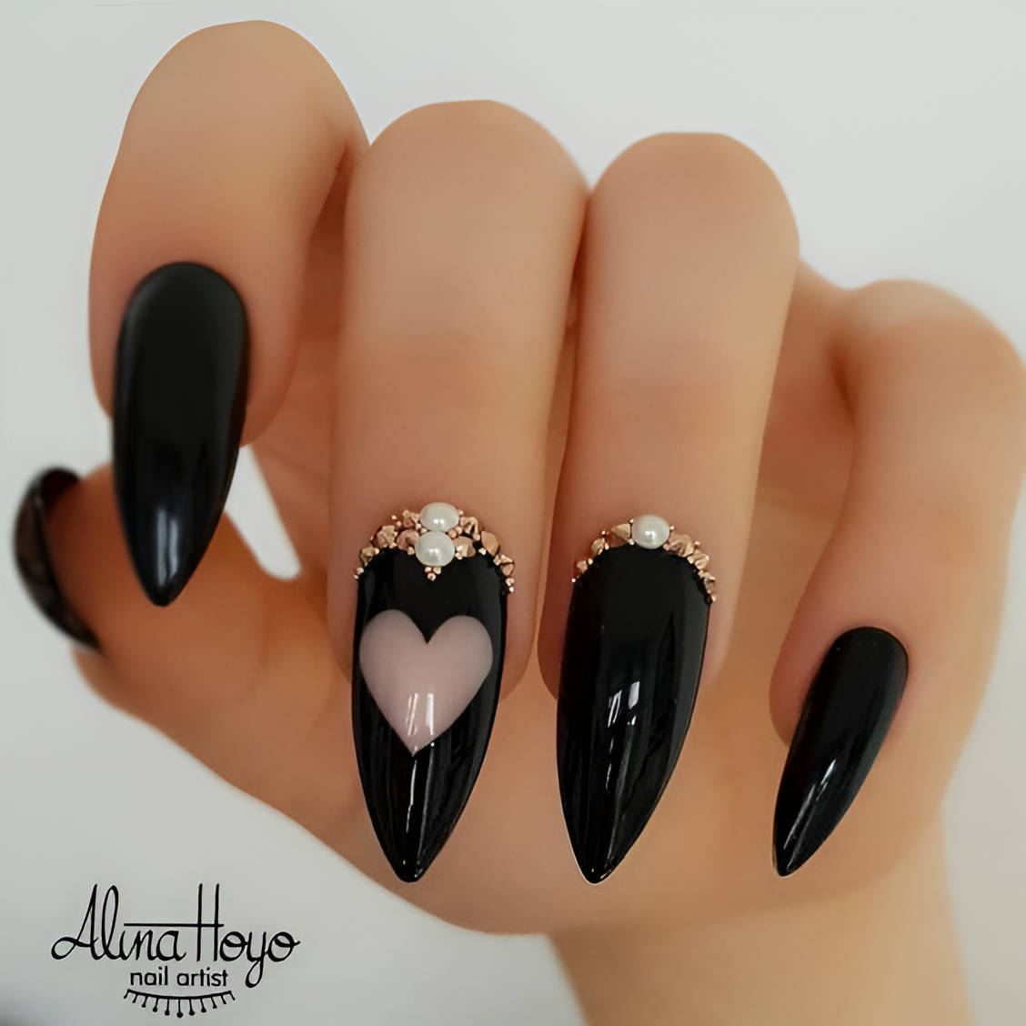 Black Stiletto Nails With Heart