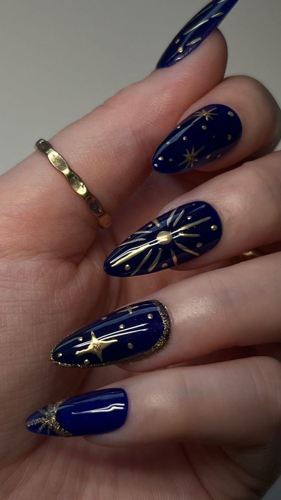 Blue And Gold Manicure