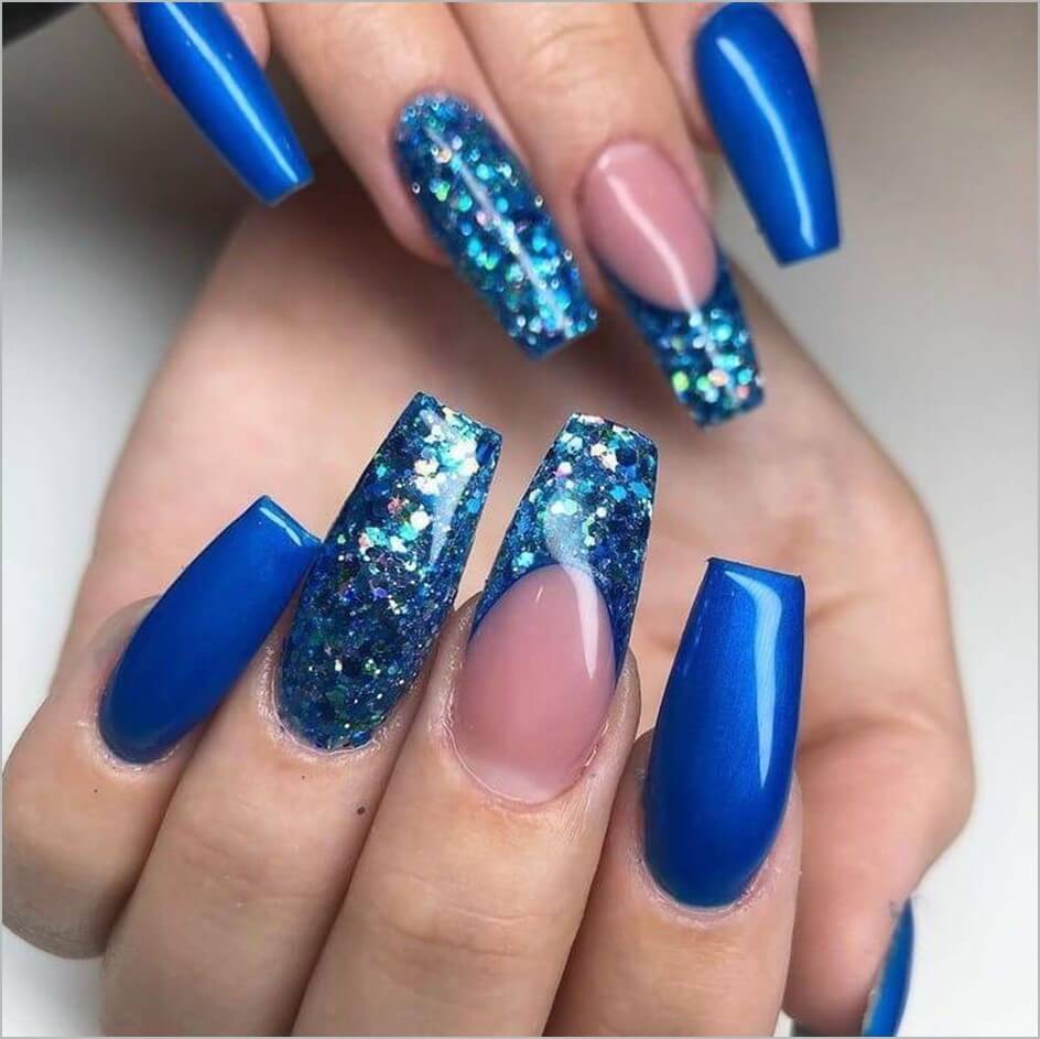 Blue French Tips With Glitter