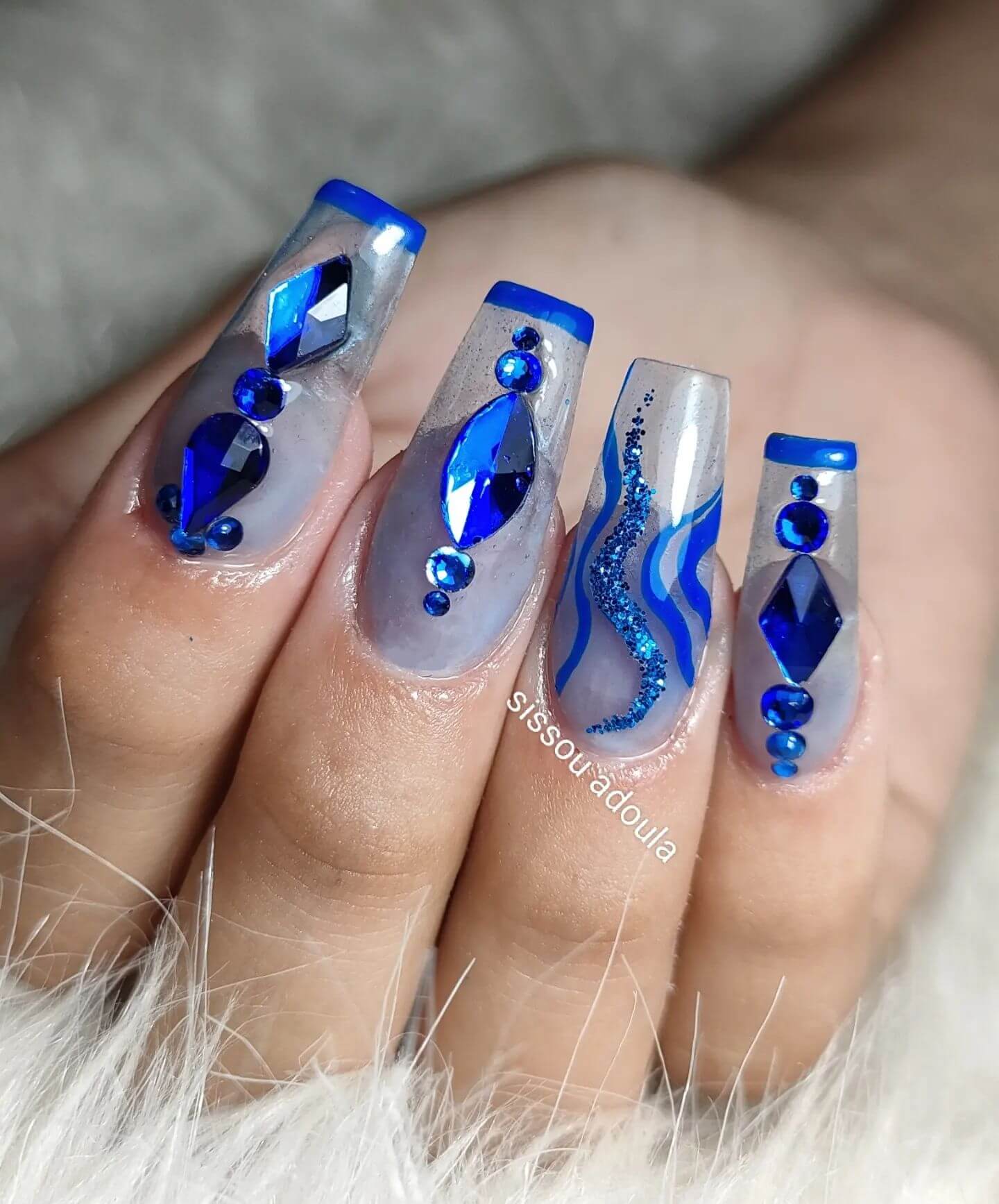 Blue Manicure With Gems