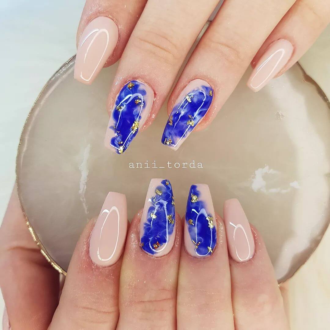 Blue Marble Nails With Gold