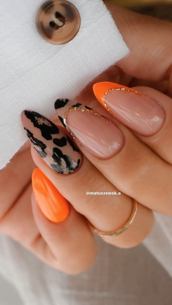 Bright Orange Animal Print Nails