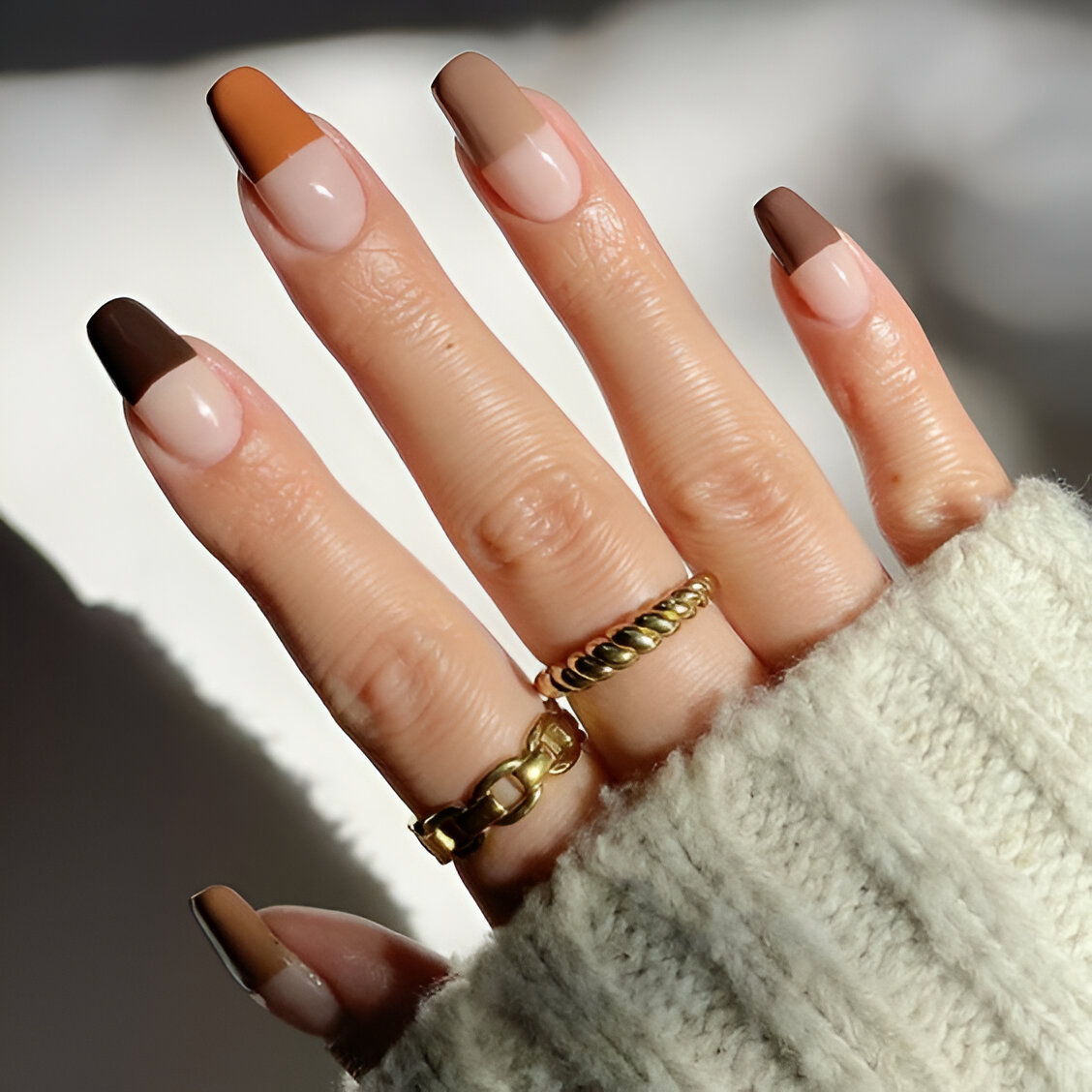 Brown Gradient Square French Tip Nails