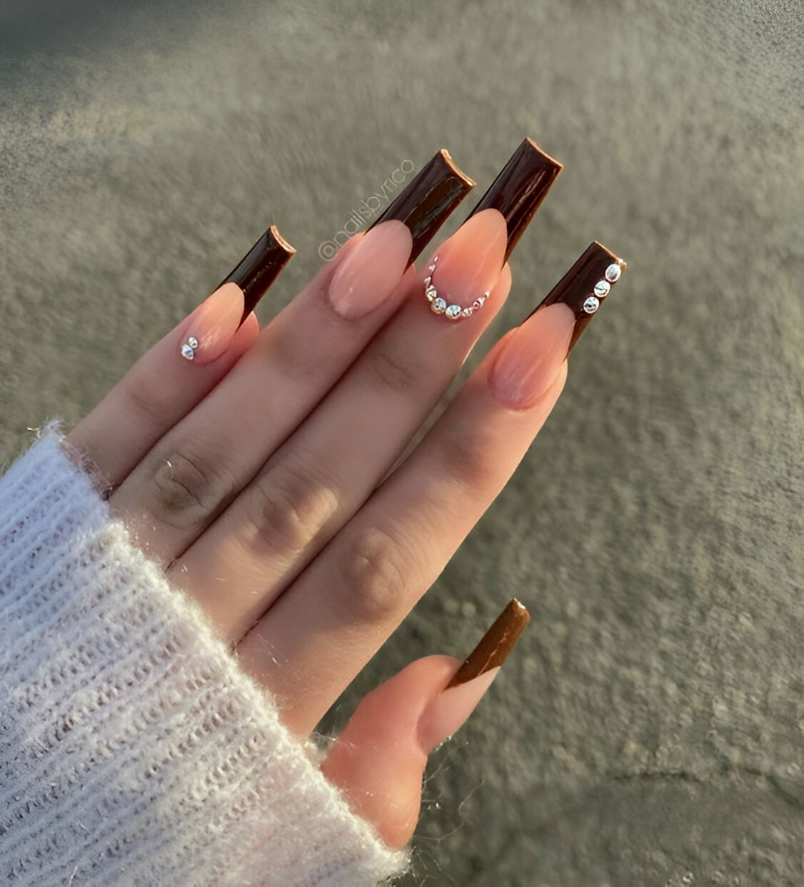Brown Square French Tip Nails