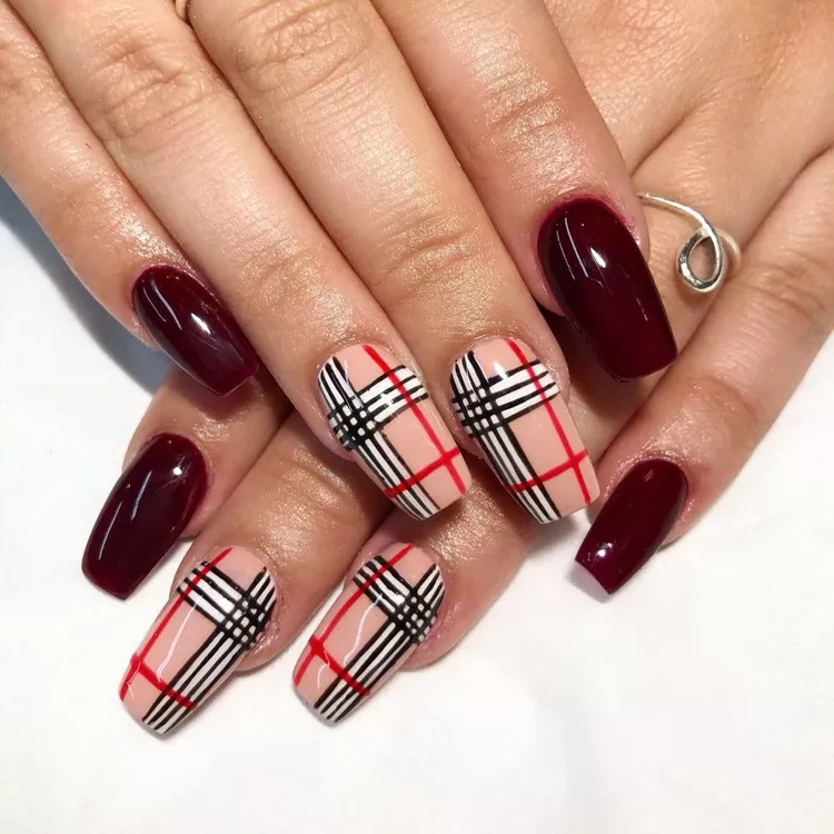 Burgundy Manicure With Plaid Pattern