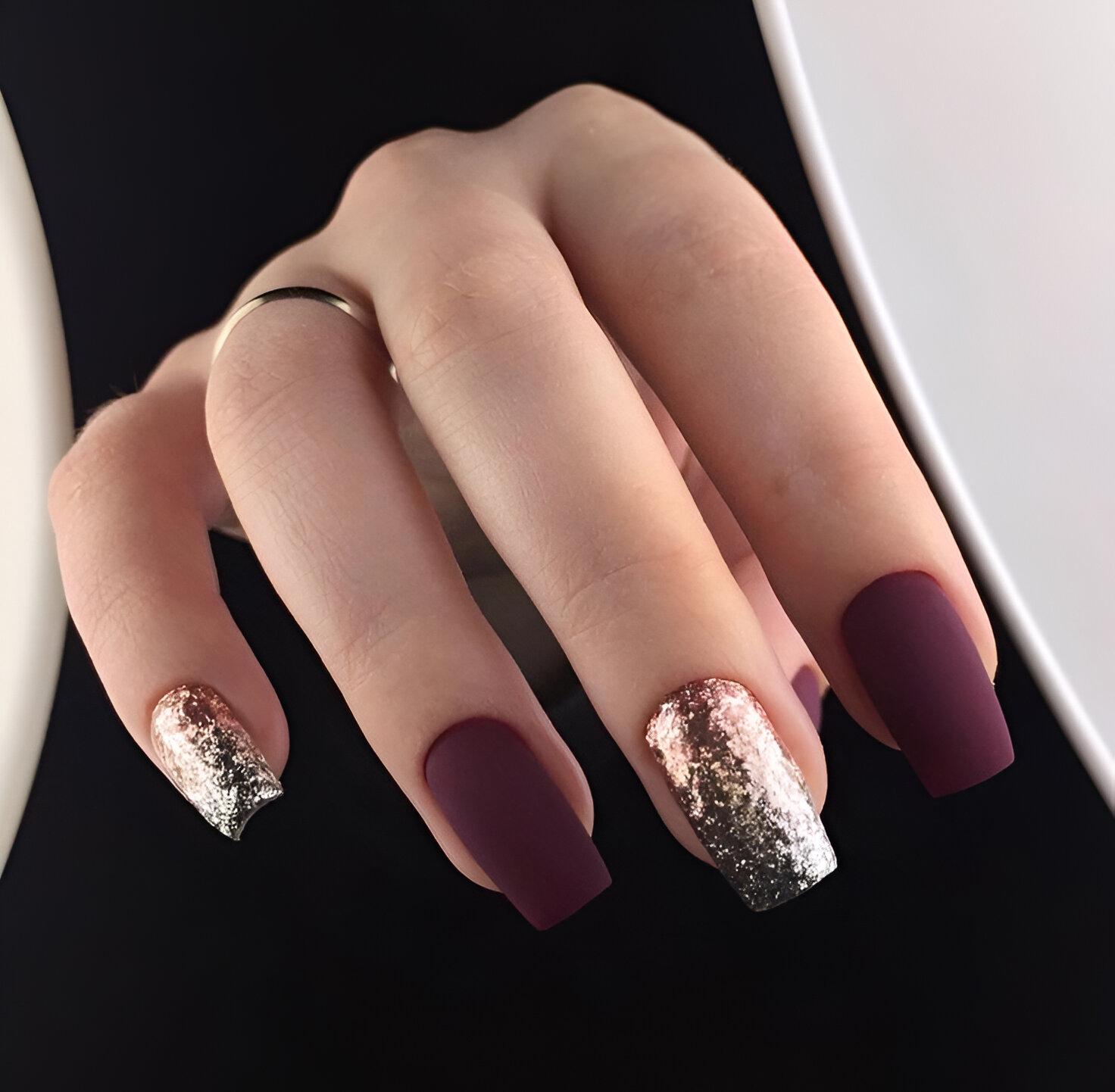 Burgundy Matte Nails With Gold