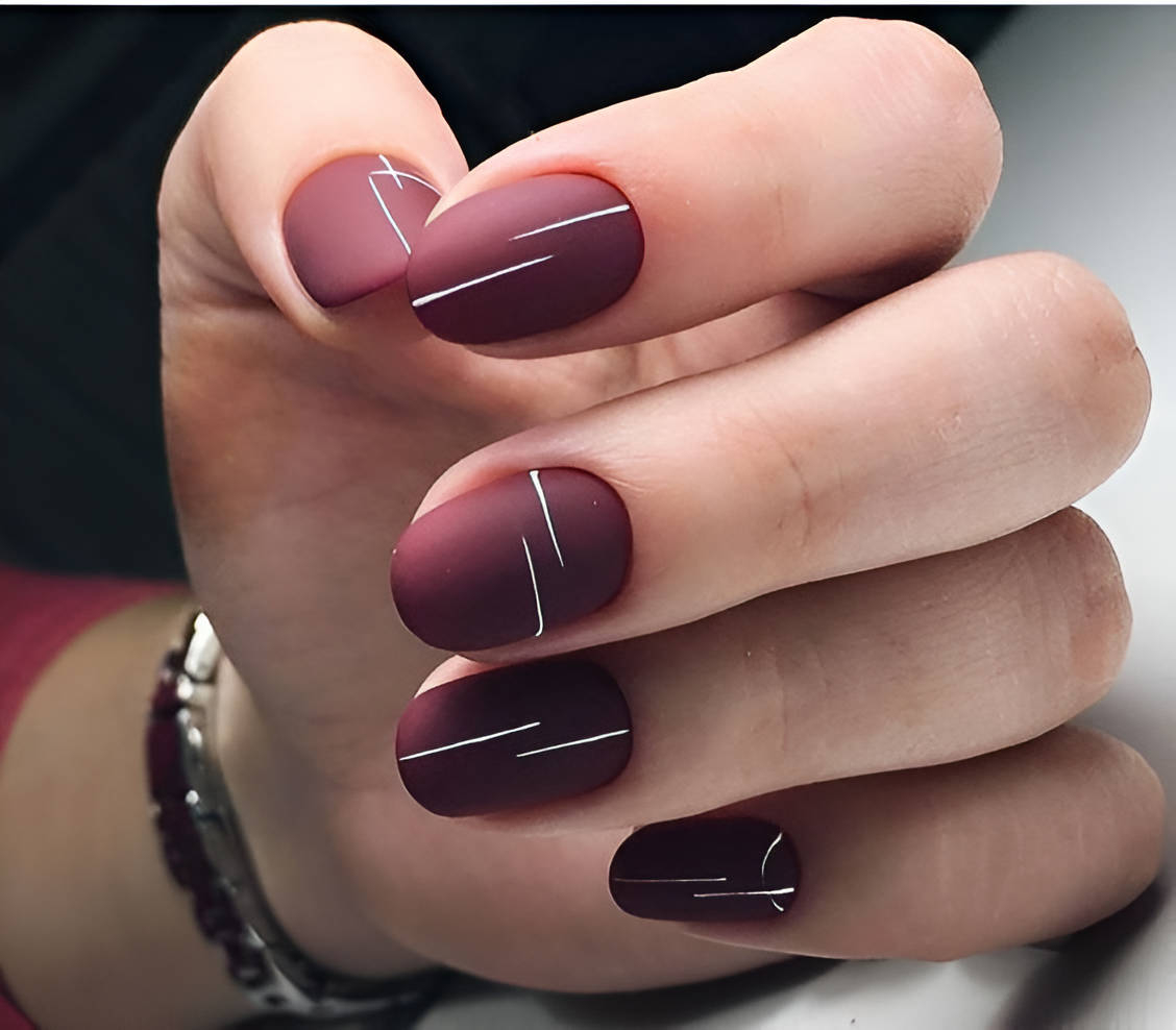 Burgundy Nails With Geometrical Design