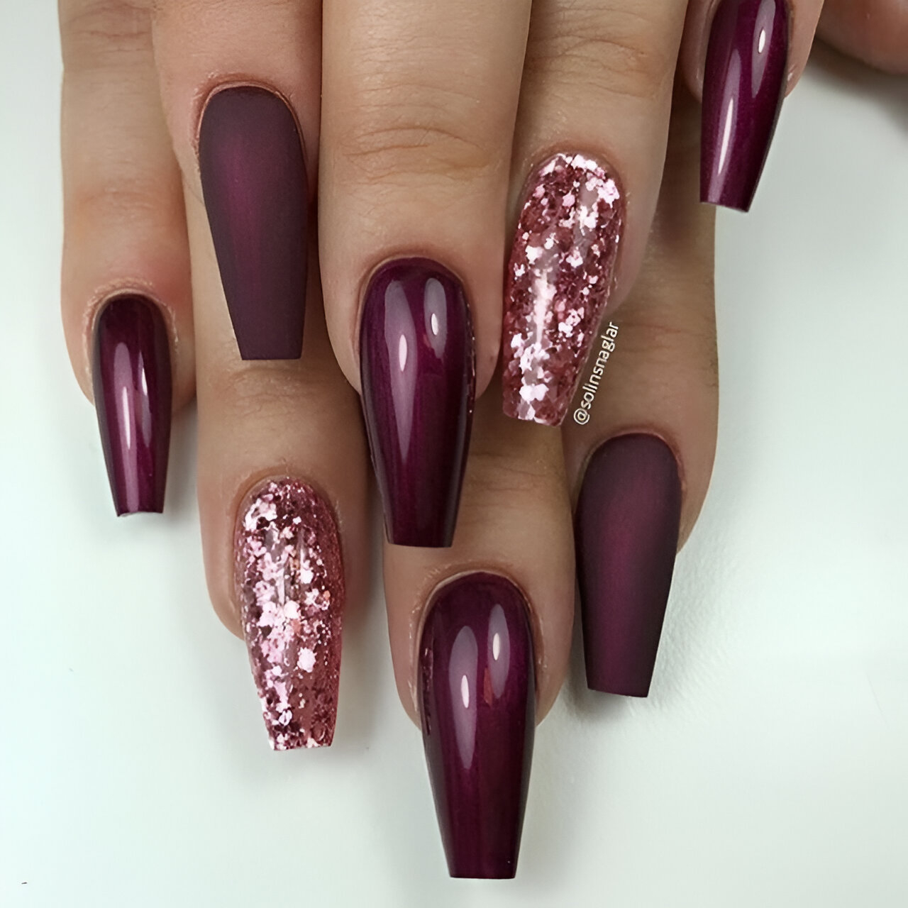 Burgundy Nails With Pink Glitter