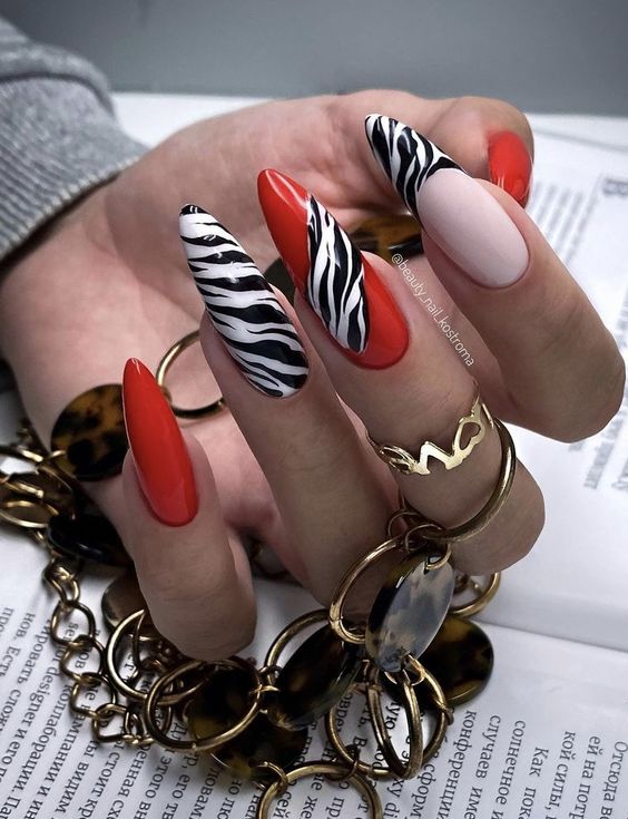 Chic Red Zebra Accent Nails
