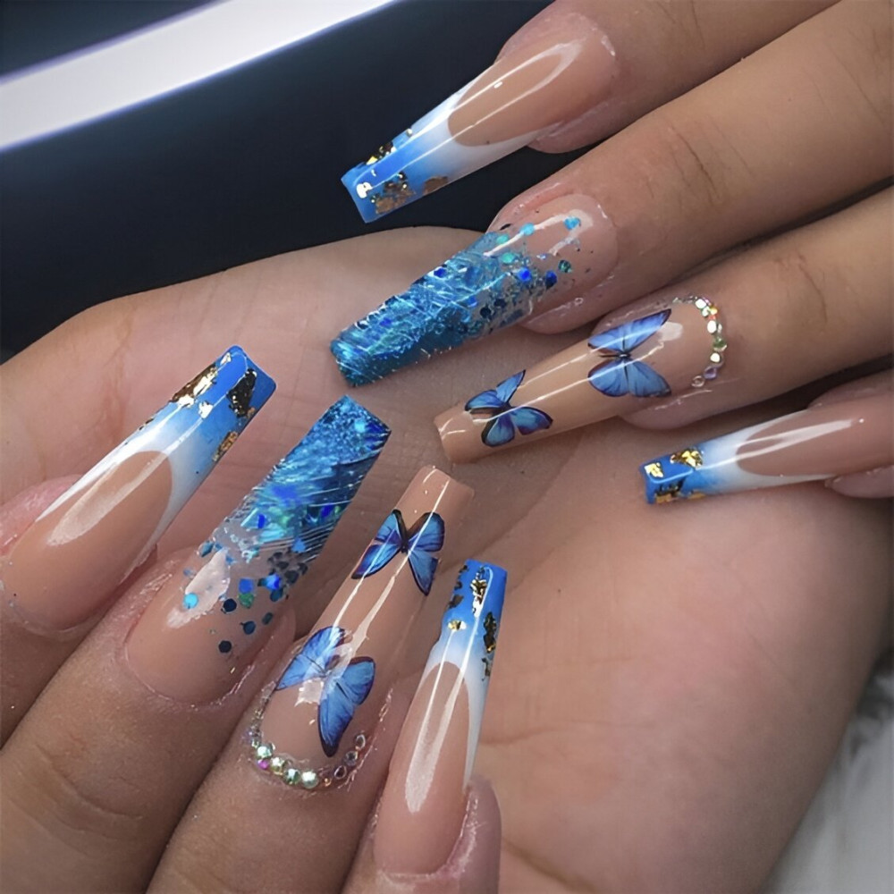 Coffin Blue Acrylic Nails With Butterflies