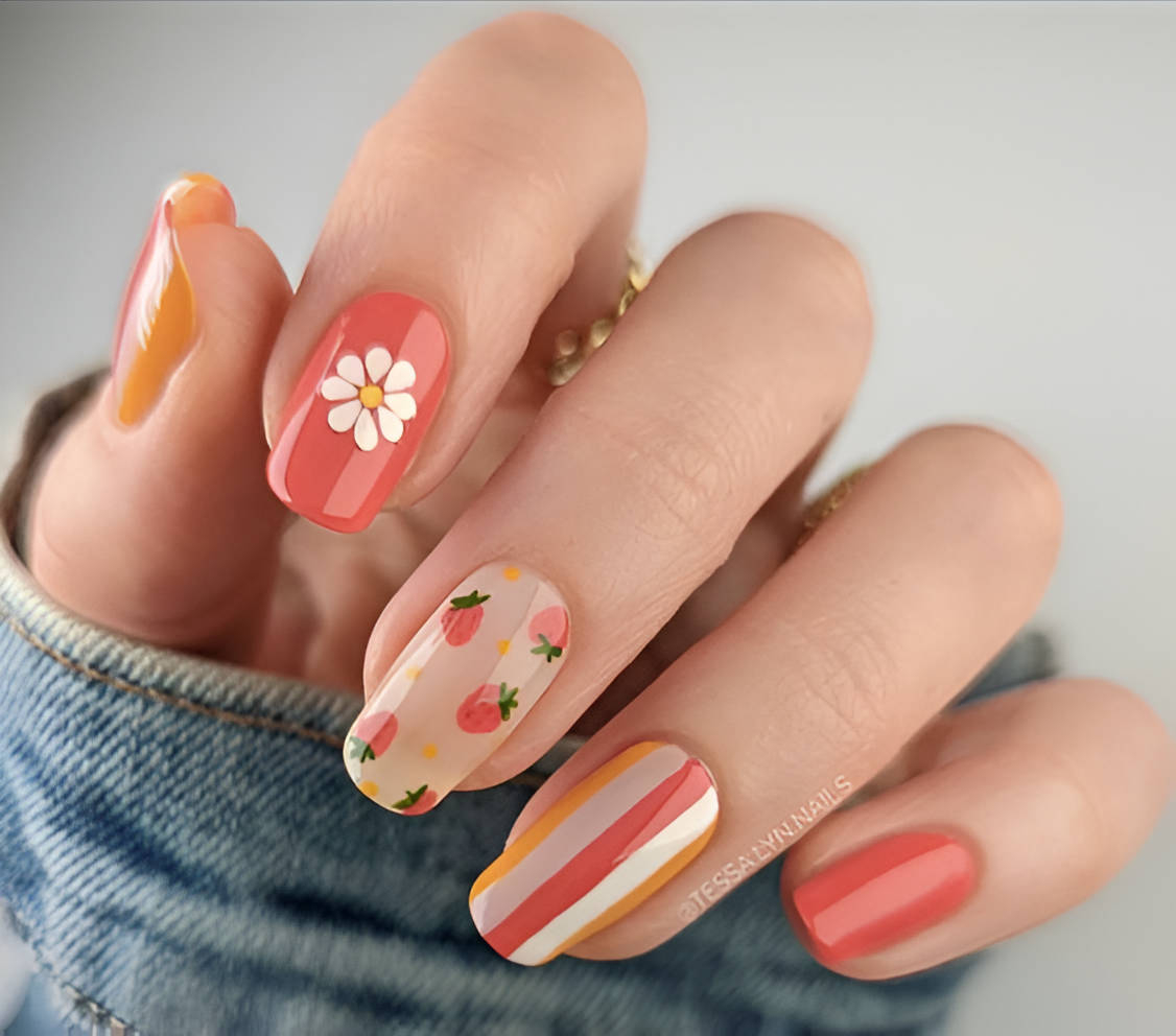 Colorful And Simple Flower Nail Designs