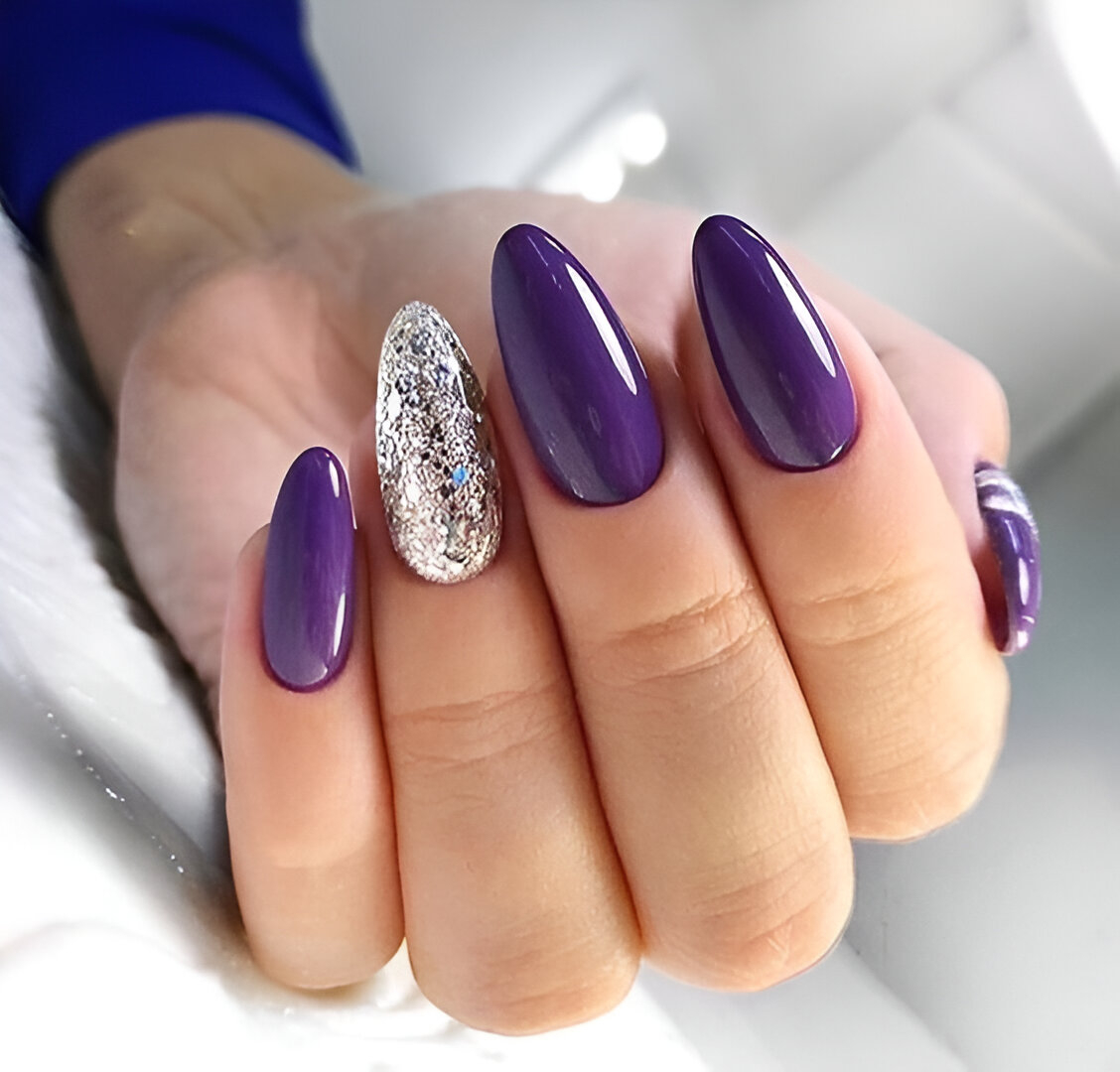 Deep Purple Nails With Siler Glitter
