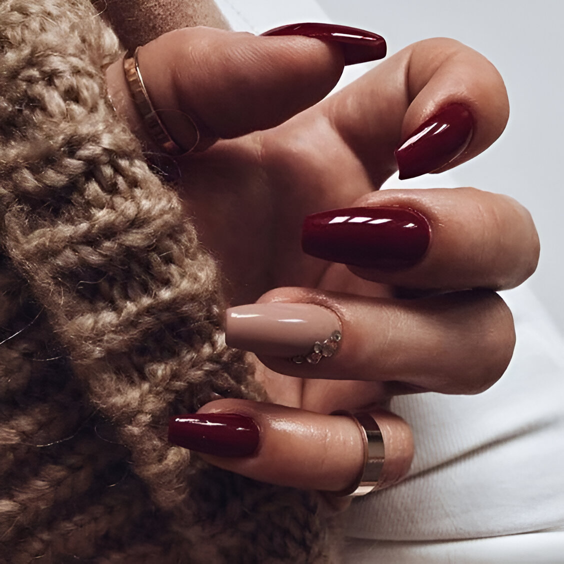 Deep Red Nails With A Nude Twist