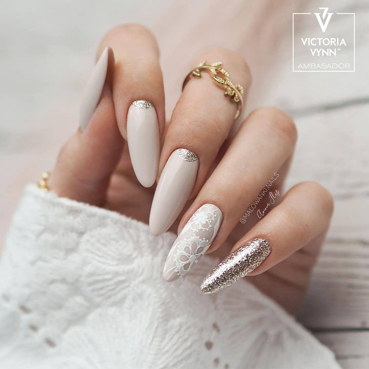 Festive Beige Nails With Silver Glitter