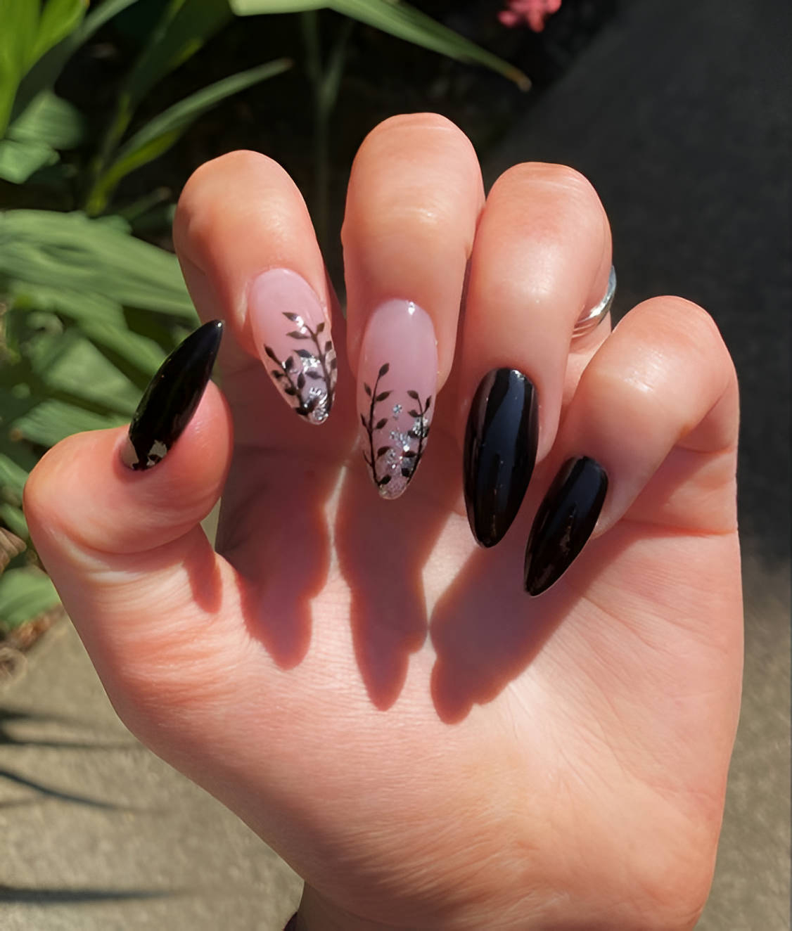 Floral Black Nail Designs With Glitter
