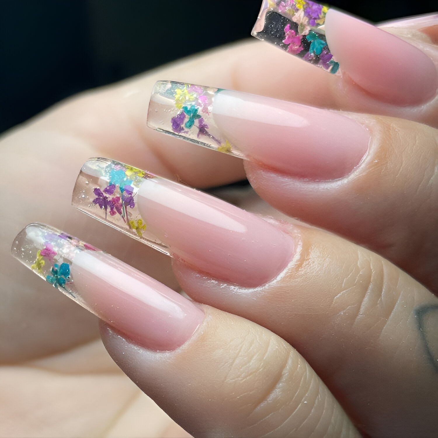 Floral Clear Coffin French Tips
