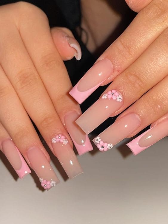 Floral Pink French Tip Nails