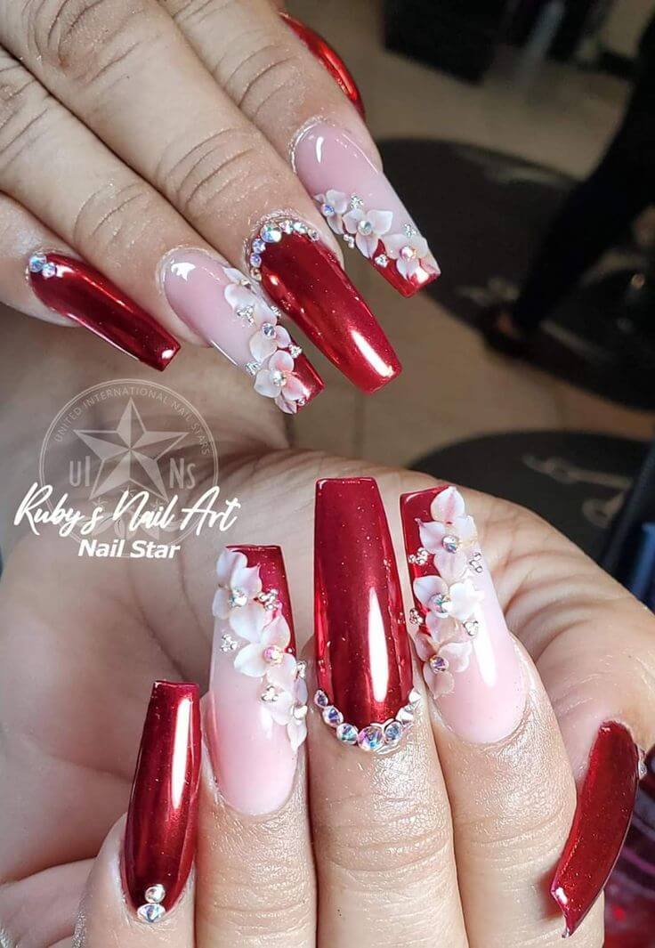 Floral Red Nails