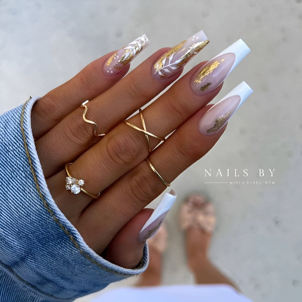 Floral Wedding Nail Designs With Gold