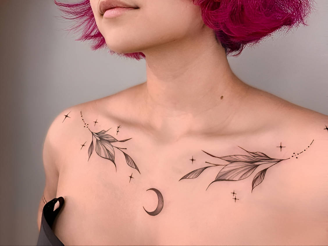 Flower And Moon Collarbone Tattoo