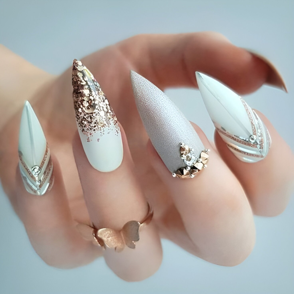 Glittered White Wedding Nail Designs
