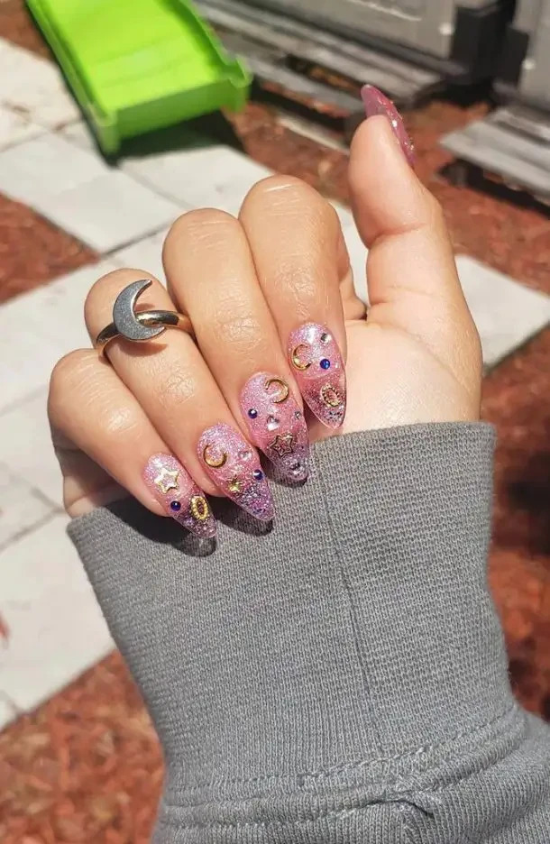 Gold And Pink Glitter Nails