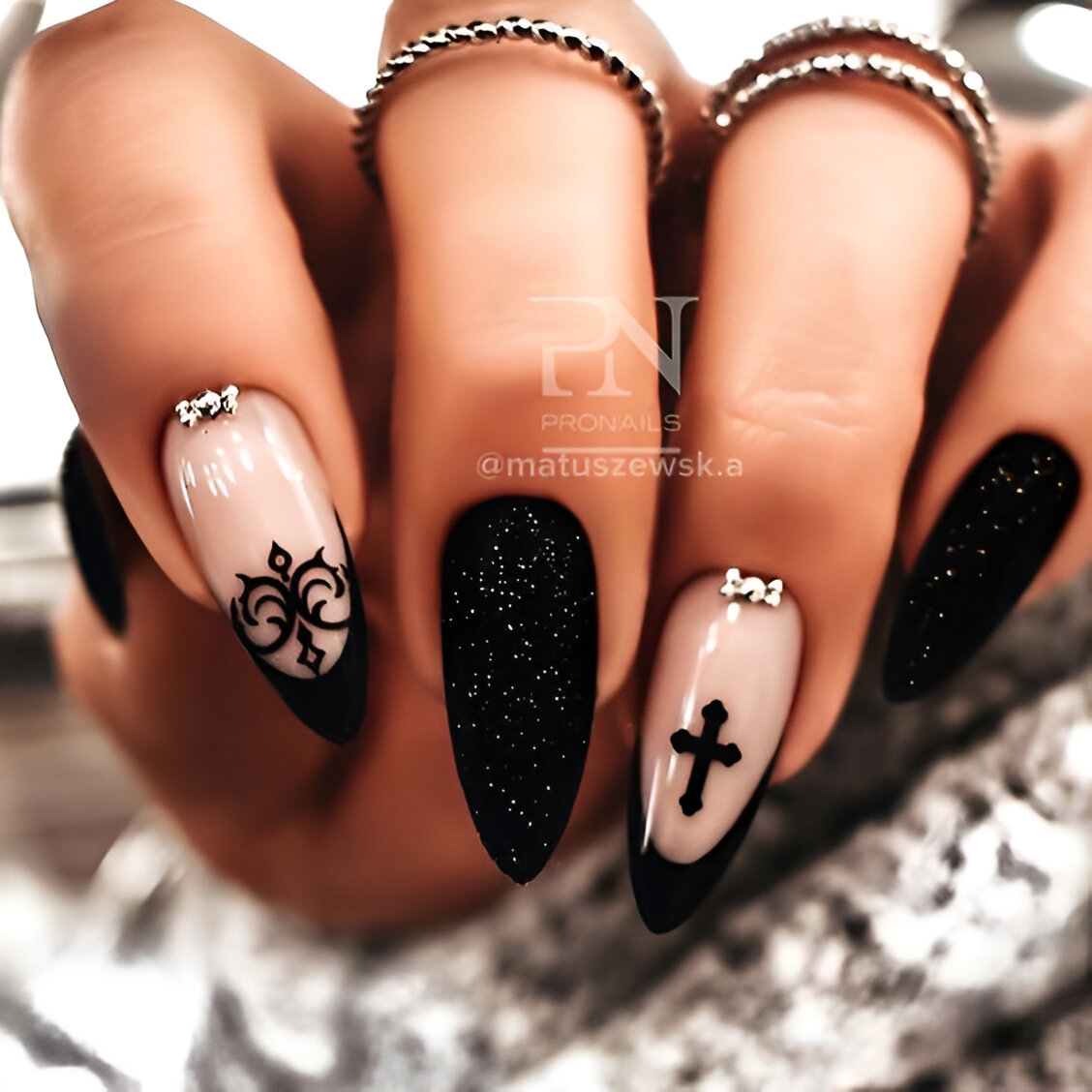 Gothic Black Manicure With Glitter