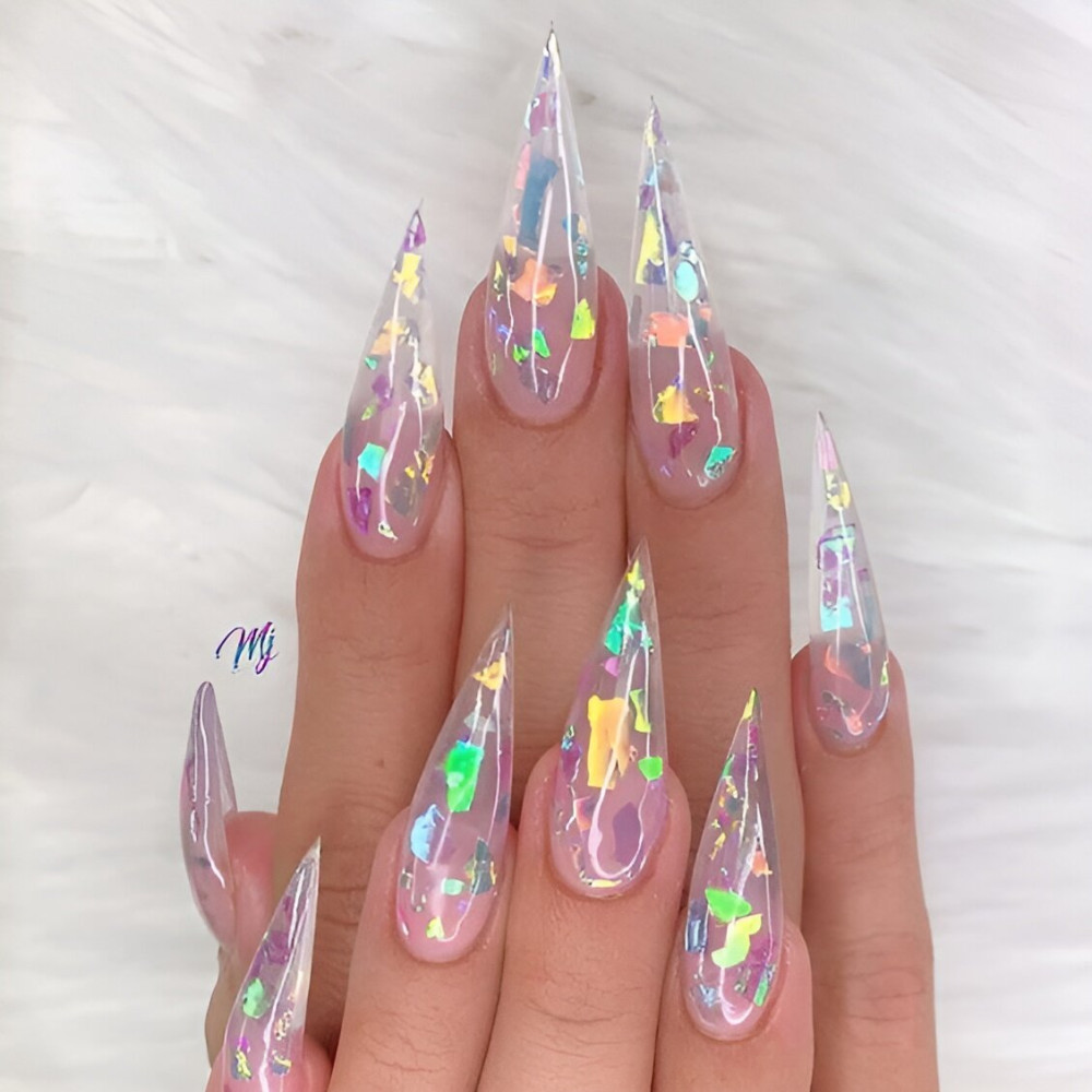 Holographic Glittered Clear Acrylic Nails