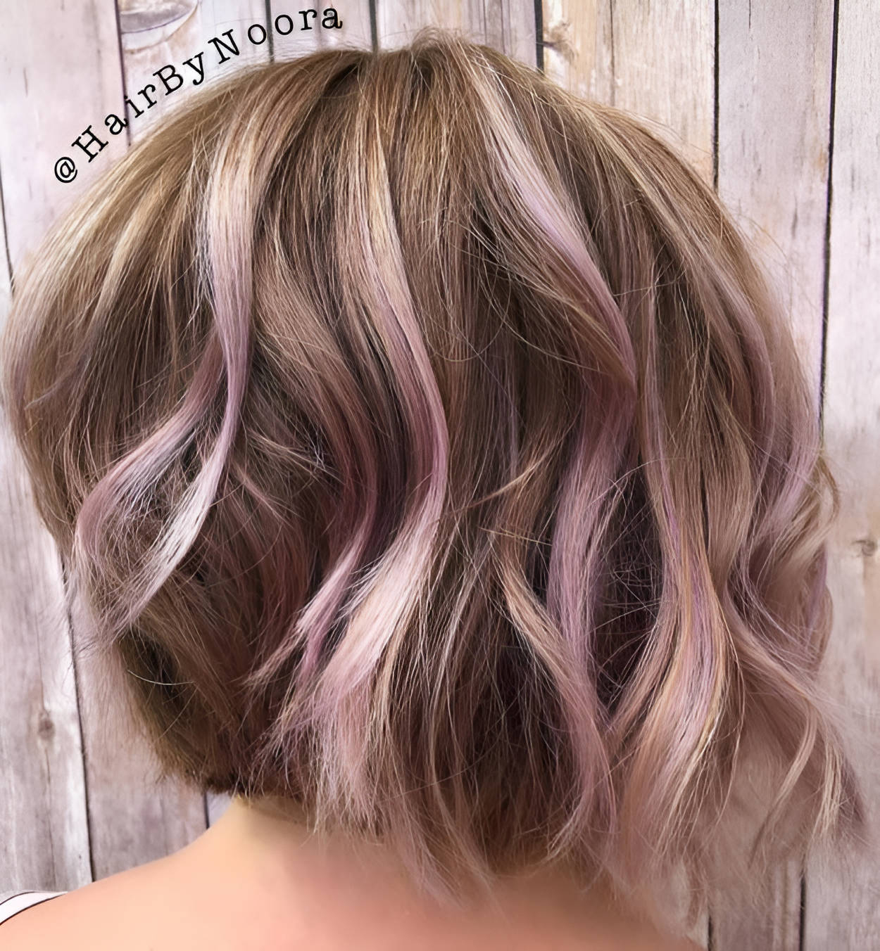 Honey Balayage Short Hair With A Hint Of Purple