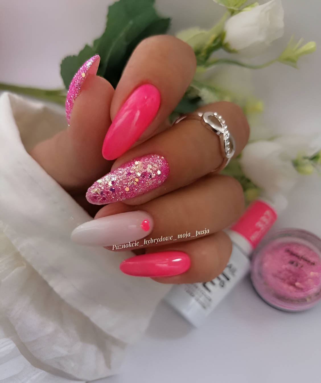 Hot Pink Glittered Manicure