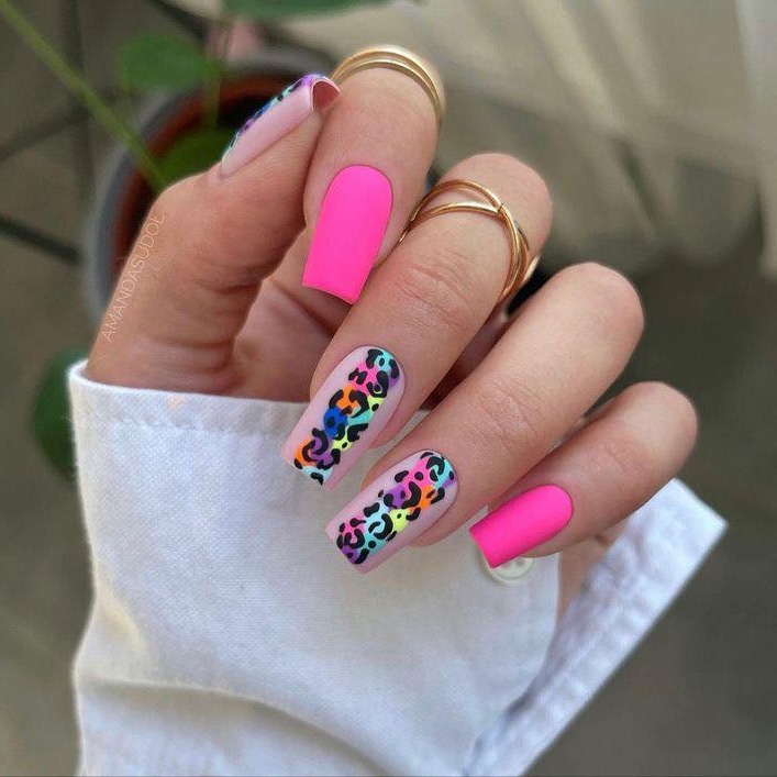 Hot Pink Nails With Animal Print