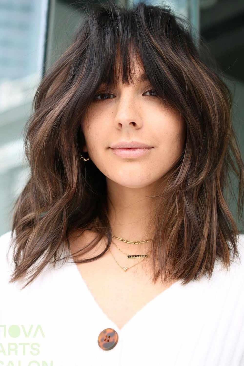 Layered Lob With Blunt Bang