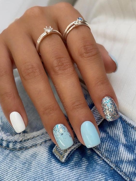 Light Blue Nails With A Silver Touch