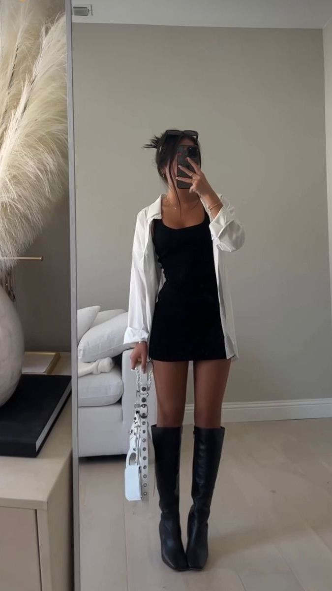 Little Black Dress With Thigh-High Boots