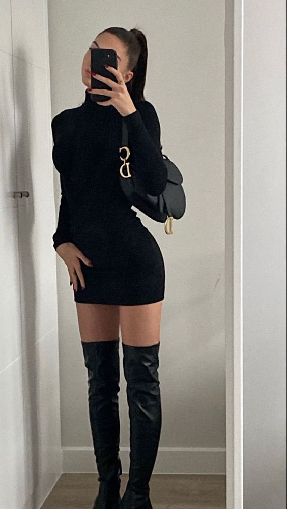 Little Black Dress With Thigh-High Leather Boots